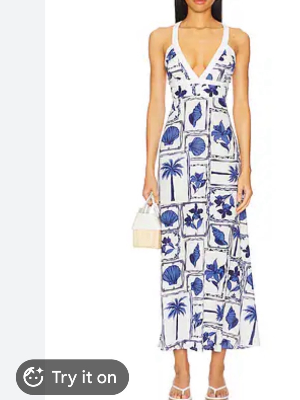 MINKPINK White Maxi Dress with Blue Tropical Tile Print